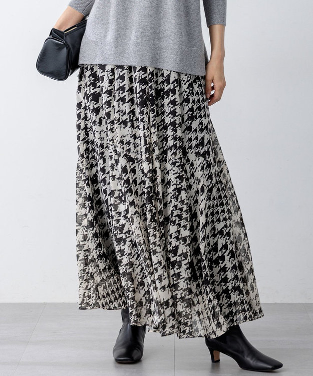 23区 S 【洗える】ハウンドトゥースアートプリント ギャザー スカート モノトーンプリント