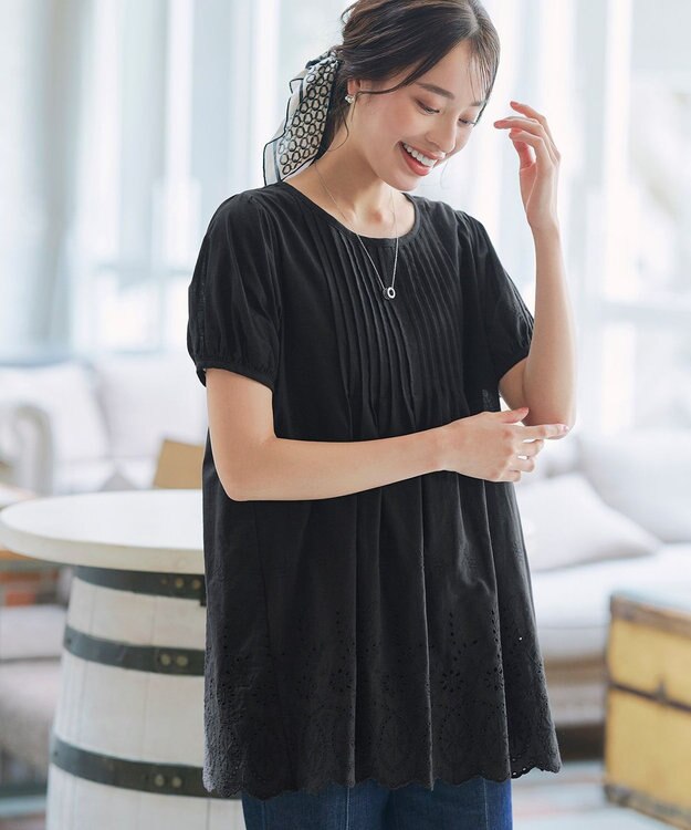 Tiaclasse 【洗える】パンチングレースピンタックチュニックブラウス ブラック