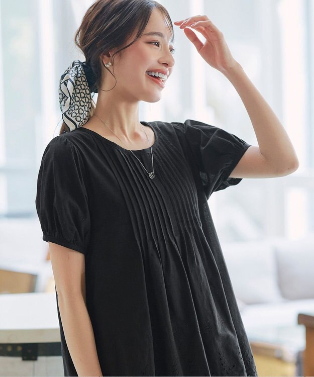 Tiaclasse 【洗える】パンチングレースピンタックチュニックブラウス ブラック