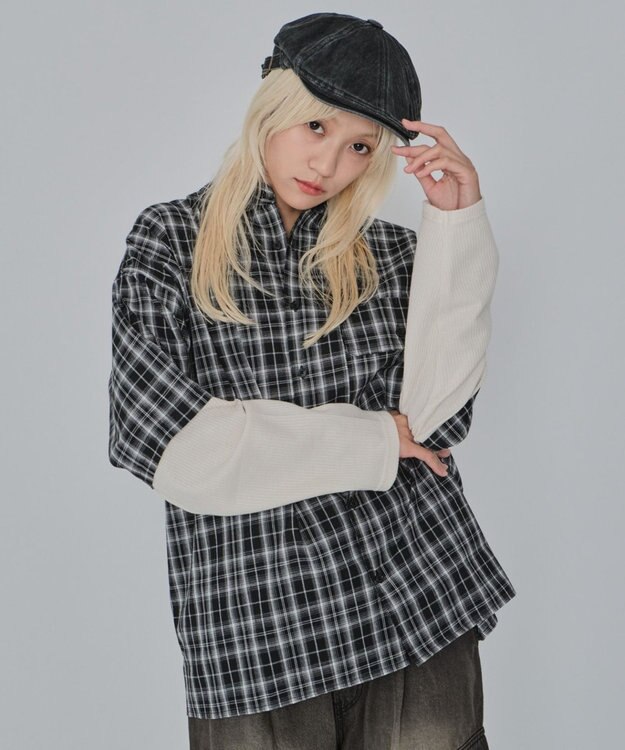 WEGO 【ユニセックス着用ITEM/MLサイズ展開】チェックレイヤードシャツ（LS） ブラックチェック1