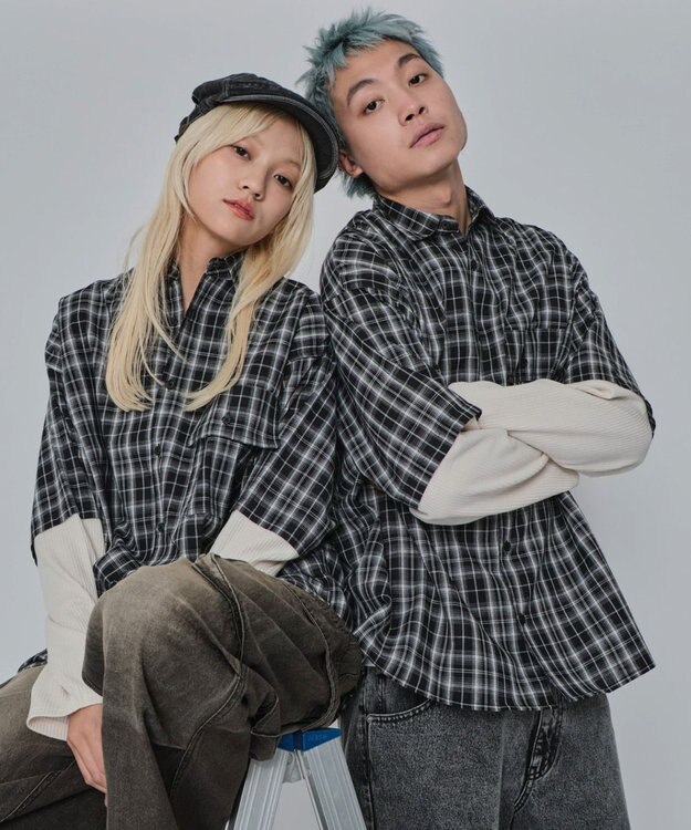 WEGO 【ユニセックス着用ITEM/MLサイズ展開】チェックレイヤードシャツ（LS） ブラックチェック1