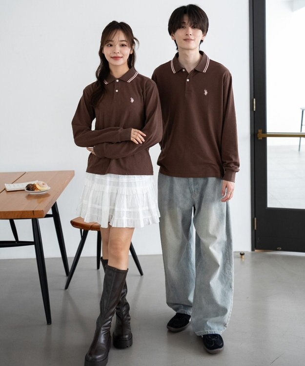 WEGO 【25年秋冬新作/ユニセックスITEM/SMLサイズ展開】別注USPOLOラインポロシャツ（長袖） ブラウン