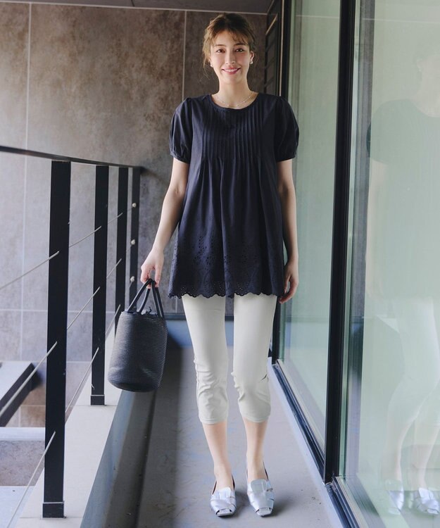 Tiaclasse 【洗える】パンチングレースピンタックチュニックブラウス ネイビー