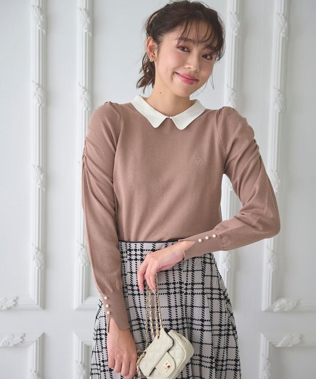 Feroux 配色襟パワショル ニット キャメル系