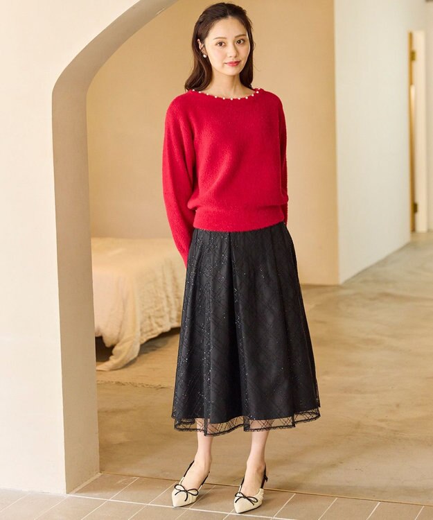 Feroux パール付きシャギー ニット レッド系