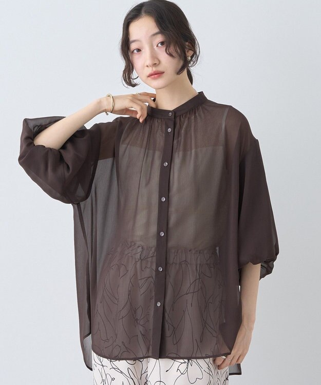 earth music&ecology バルーンスリーブシアーシャツ Brown