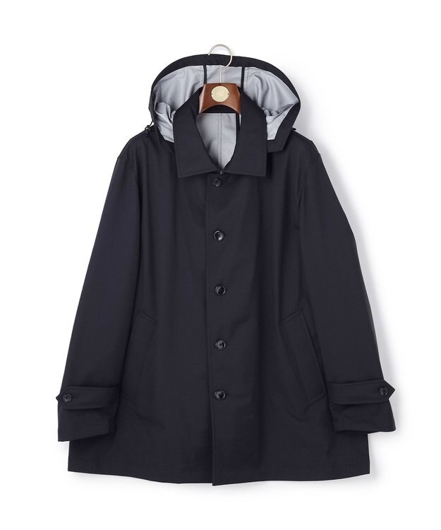 J.PRESS MEN 【KING SIZE】【オンオフ兼用 / ストレッチ / 撥水 / 洗える】トリコット3レイヤーバルマカンショートコート / フードデタッチャブル ネイビー系