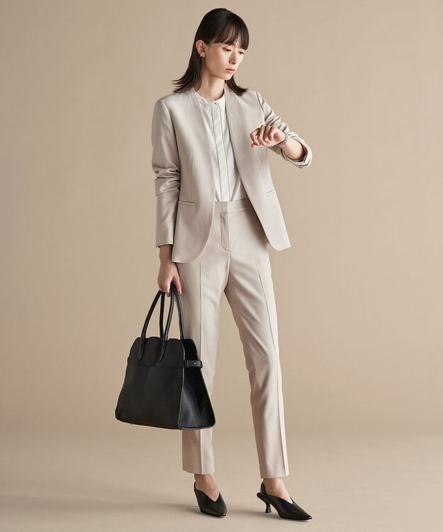 ICB L 【セットアップ対応】ウールストレッチ ノーカラージャケット トープ系