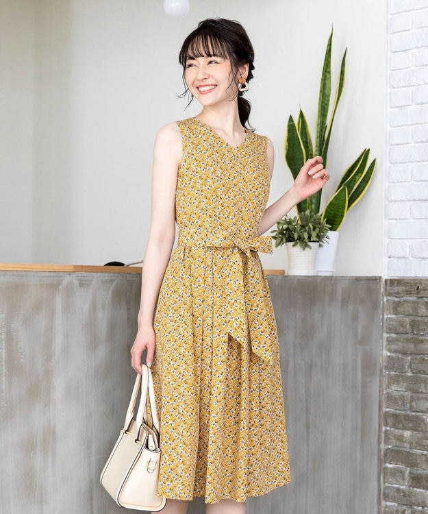 Tiaclasse 【洗える】華やかに着こなせる花柄ワンピース イエロー
