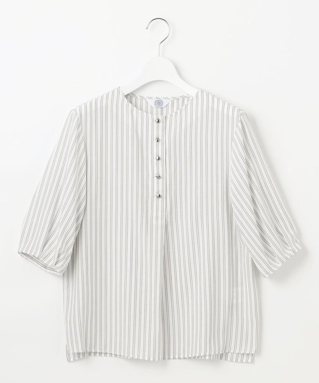 J.PRESS LADIES S 【洗える】ウォッシャブルキュプラツイル ボートネック ブラウス ホワイトストライプ系