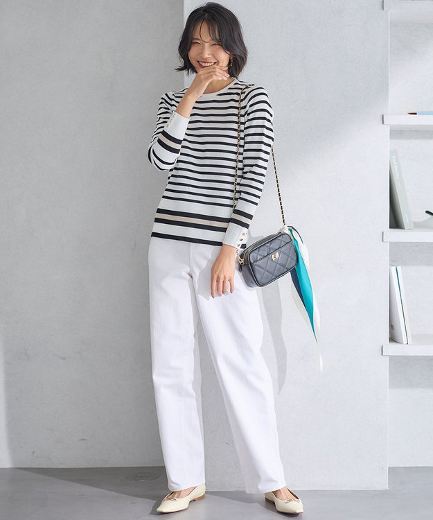 23区 L 【Oggi4月号掲載/洗える】ラスターコットンポリエステル ニット オフホワイトxブラックボーダー