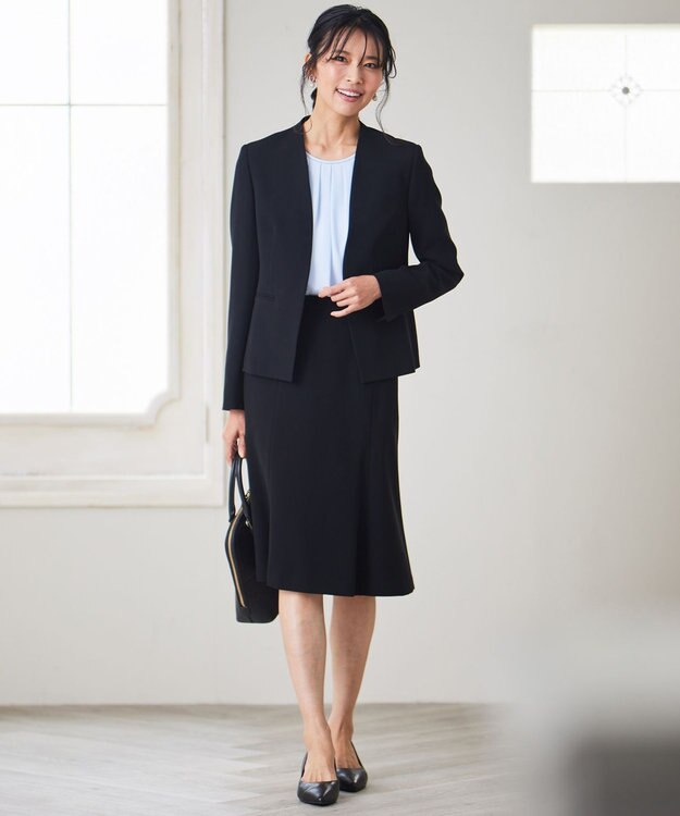 23区 【セットアップ対応/洗える】トリアセダブルジョーゼット ノーカラー ジャケット ブラック系