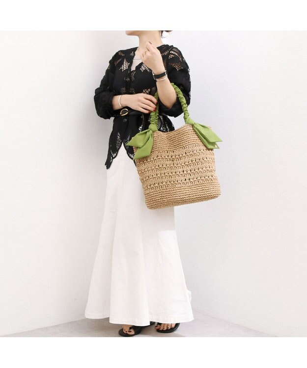 UNBILLION カシュカシュ cachecache / 下がりリボン柄編みトート カゴバッグ グリーン