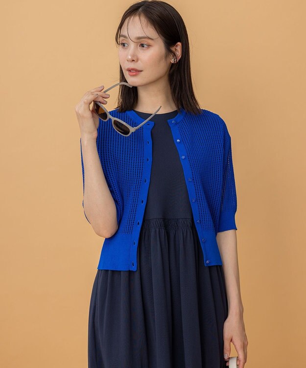 組曲 【前後着用可】メッシュ5分袖ニット カーディガン ウルトラマリンブルー系