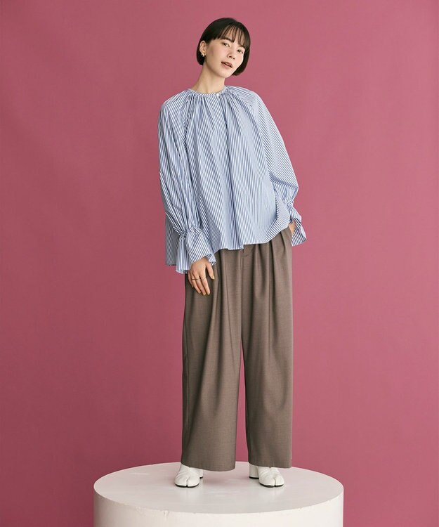 #Newans 【洗濯機可】フルギャザーブラウス ブルーストライプ