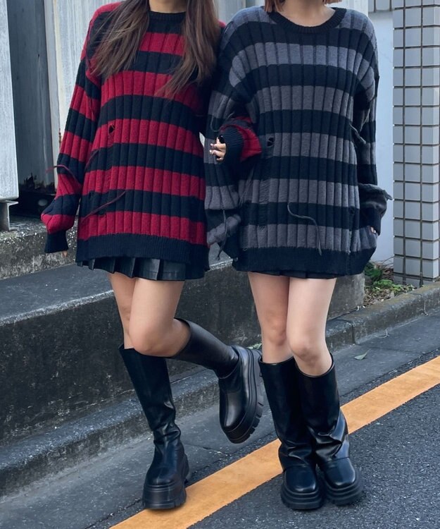 WEGO ボーダーワイドリブダメージニット レッド