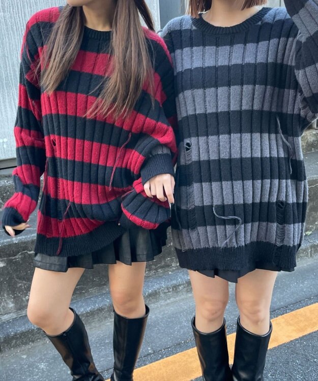 WEGO ボーダーワイドリブダメージニット レッド