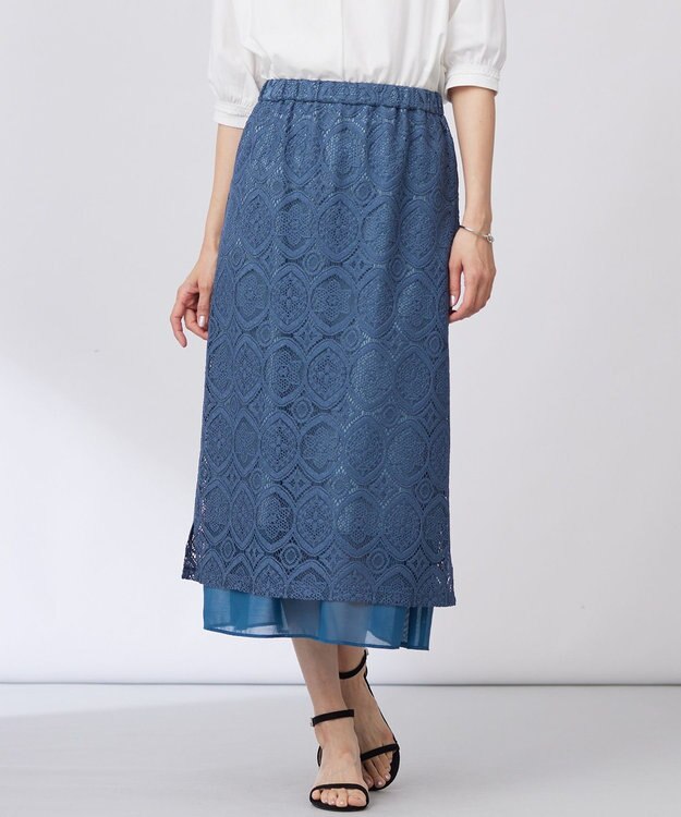 J.PRESS LADIES S 【洗える】ジャカードレース ナロースカート ブルーグリーン系