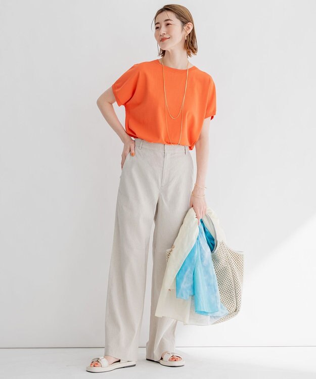 23区 L 【洗える】リネンレーヨンストレッチ ワイド パンツ ベージュ系