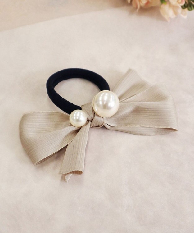 Tiaclasse パール×リボンヘアゴム ベージュ