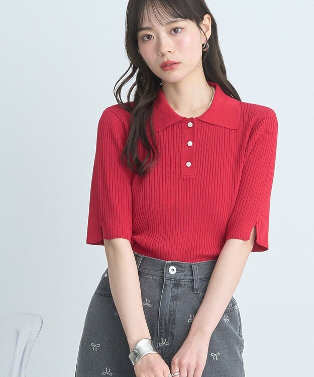 earth music&ecology 半袖ポロニットプルオーバー Red