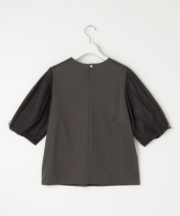 自由区 【洗える・XSサイズあり】シアーコンビパフスリーブ カットソー ダークブラウン系