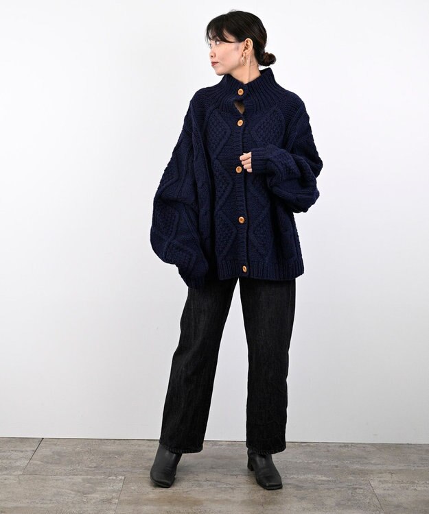 LENO ARAN PULLOVER【UNISEX】アラン柄ニットプルオーバー/カーディガン NAVY