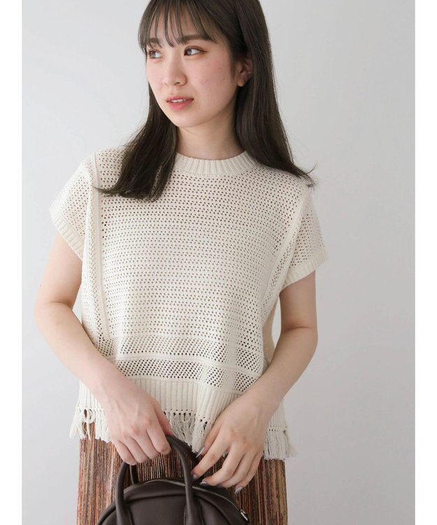 Green Parks 裾フリンジメッシュニットプルオーバー Off White