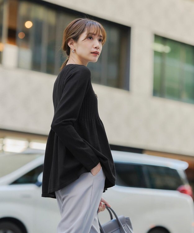 Tiaclasse L 【洗える】リブ切り替えフレアニットトップス ブラック