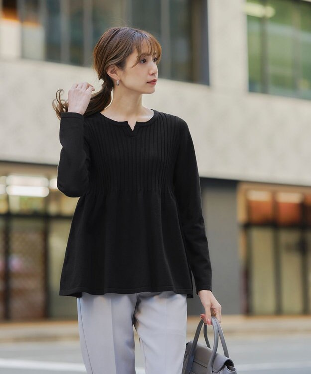 Tiaclasse L 【洗える】リブ切り替えフレアニットトップス ブラック