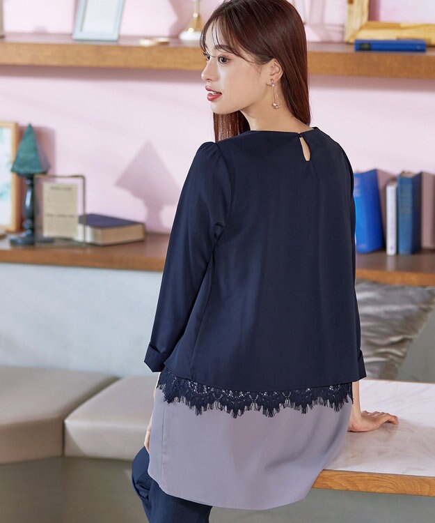 Tiaclasse 【洗える】レースコンビチュニックブラウス ネイビー