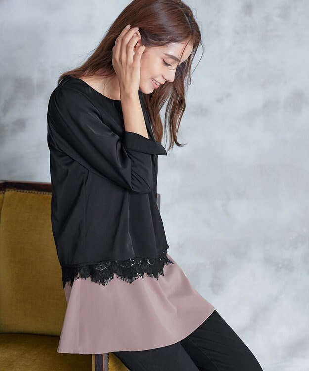 Tiaclasse 【洗える】レースコンビチュニックブラウス ブラック