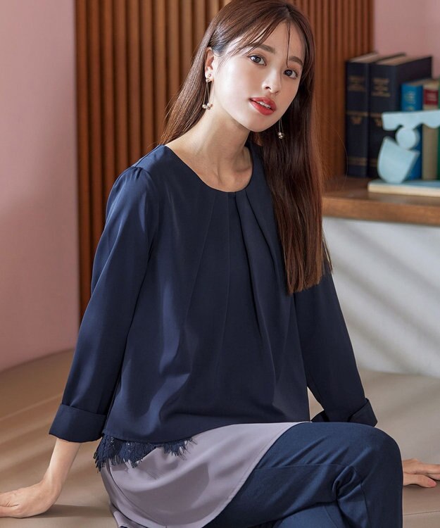 Tiaclasse 【洗える】レースコンビチュニックブラウス ネイビー