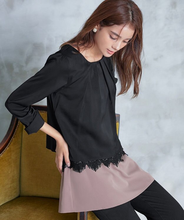 Tiaclasse 【洗える】レースコンビチュニックブラウス ブラック