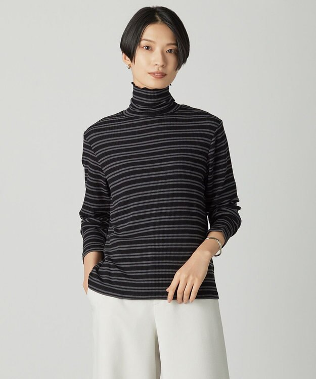 J.PRESS LADIES カシミヤシルク シアーリブ ボーダー タートル カットソー ブラックベース系