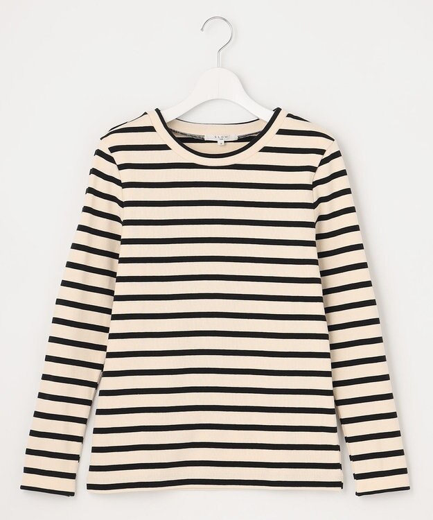 23区 L 【SLOW/洗える】ミドルフライスジャージー ロングTシャツ オフ×ブラックボーダー