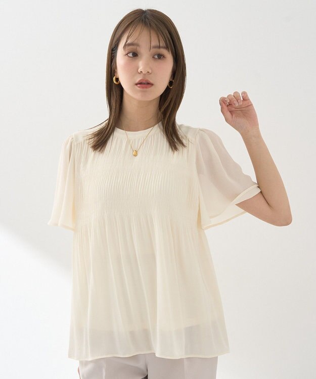 earth music&ecology マジョリカプリーツ半袖ブラウス Ivory