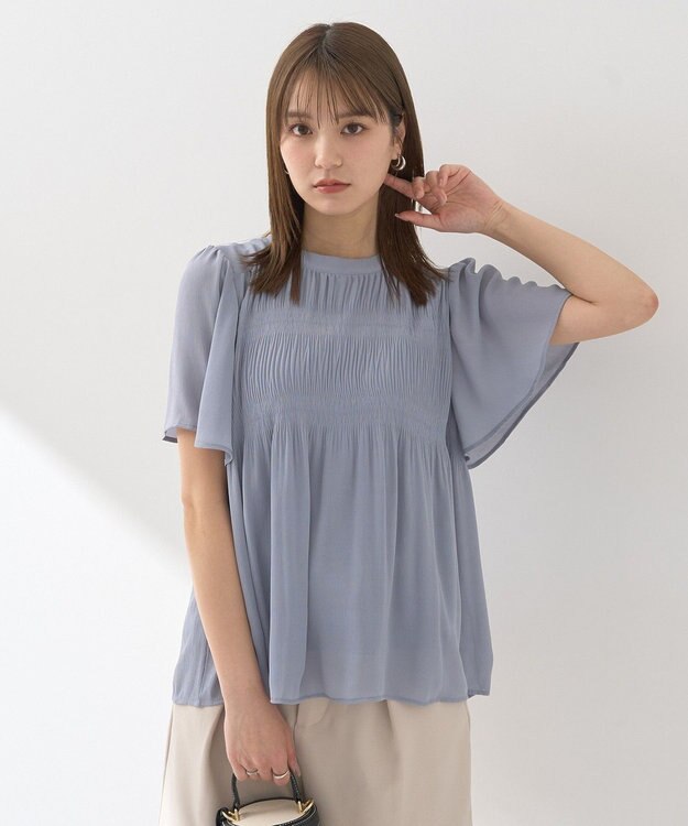 earth music&ecology マジョリカプリーツ半袖ブラウス Sax