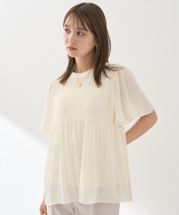 earth music&ecology マジョリカプリーツ半袖ブラウス Ivory