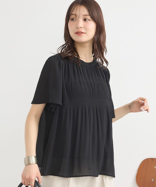 earth music&ecology マジョリカプリーツ半袖ブラウス Black