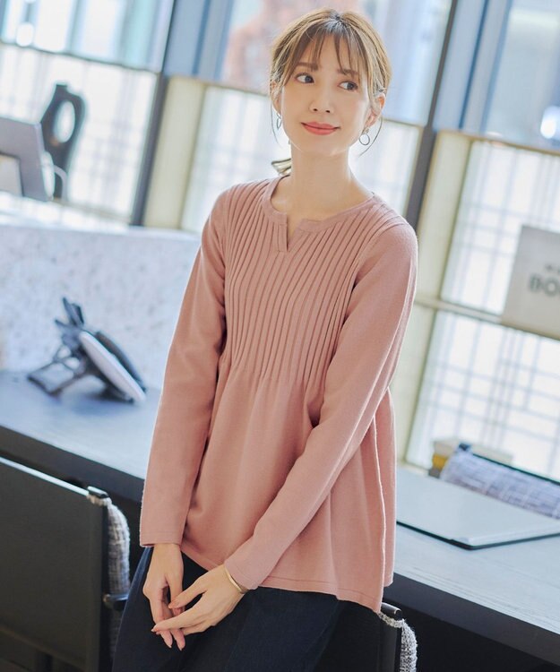 Tiaclasse 【洗える】リブ切り替えフレアニットトップス ピンク