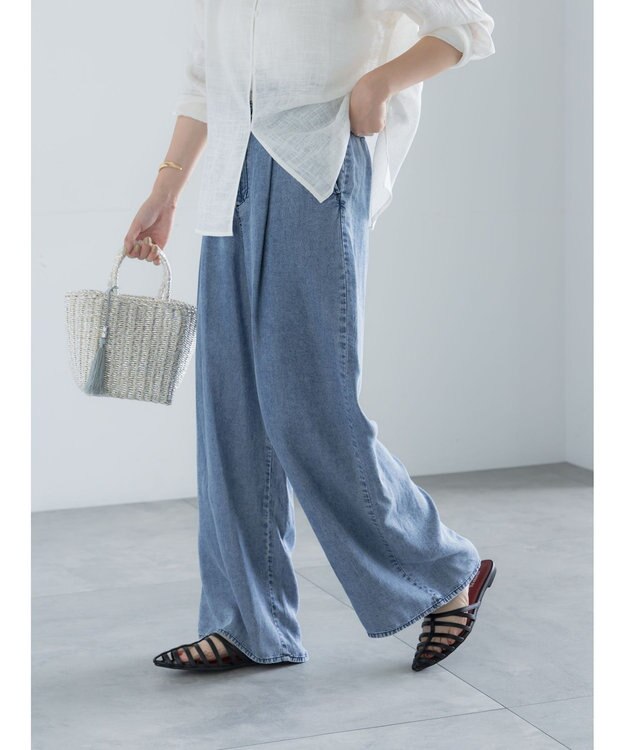 Te chichi ウォッシュデニムライクタックワイドパンツ(セットアップ可) ネイビー