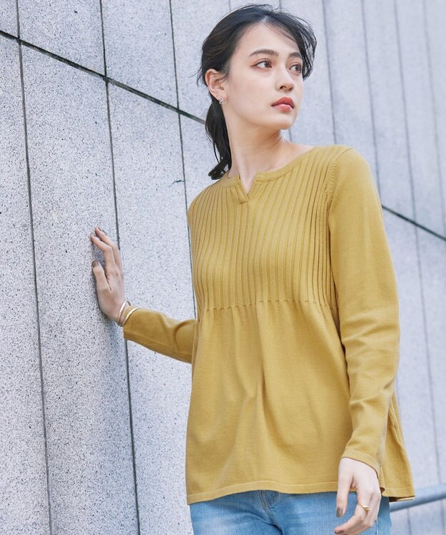 Tiaclasse 【洗える】リブ切り替えフレアニットトップス イエロー