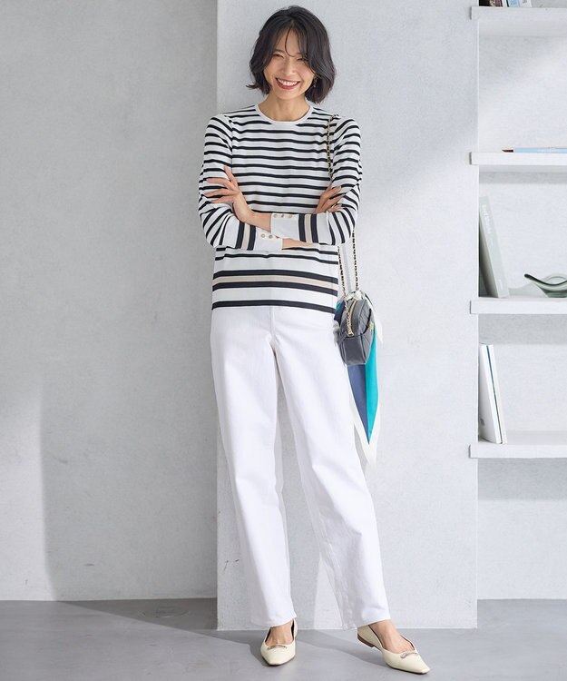 23区 L 【Oggi4月号掲載/洗える】ラスターコットンポリエステル ニット オフホワイトxブラックボーダー