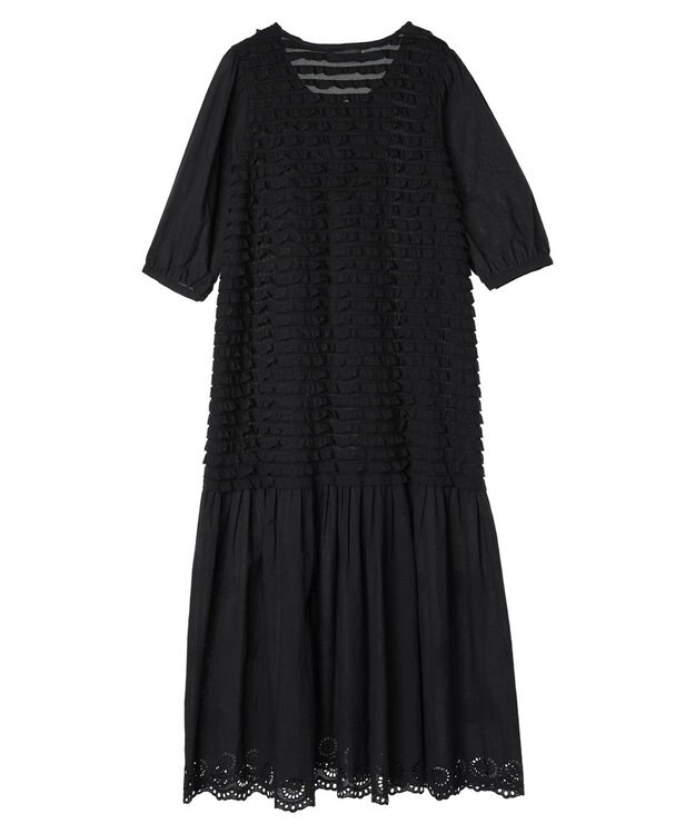 Green Parks ■ＥＳＣＡＲ　ウェーブカット×ローン刺繍ワンピース Black