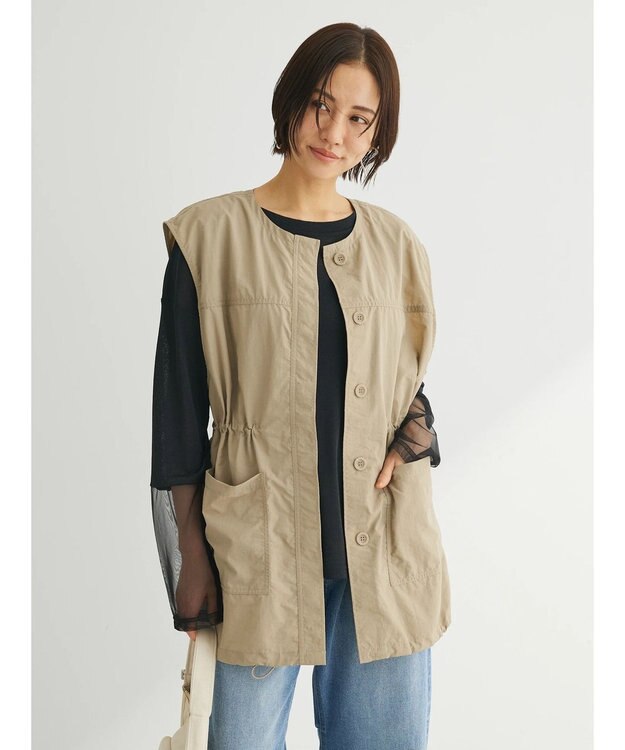 Green Parks ノーカラーミリタリーベスト Beige