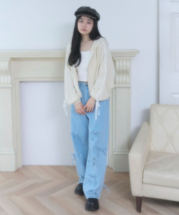 WEGO レースリボンニットパーカー ホワイトアイボリー