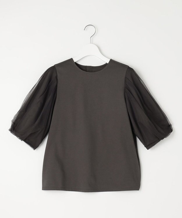 自由区 【洗える・XSサイズあり】シアーコンビパフスリーブ カットソー ダークブラウン系