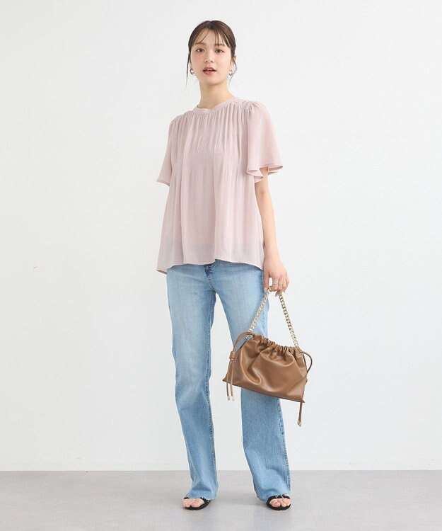 earth music&ecology マジョリカプリーツ半袖ブラウス Pink Beige