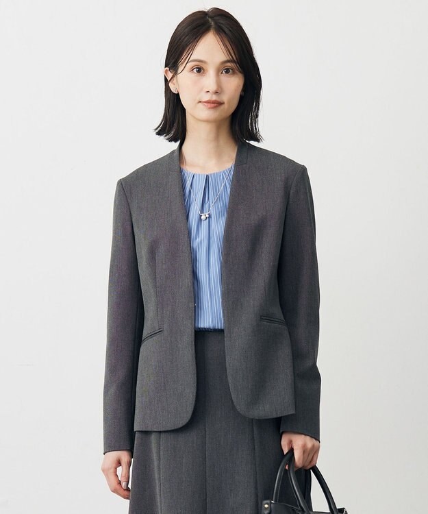 J.PRESS LADIES L 【洗える】T/Rアルガンシルク ノーカラー ジャケット ライトグレー系